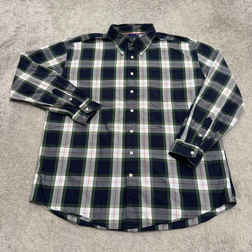 Tommy Hilfiger Plaid Button Down Shirt Mens 2XL Green Blue Long Sleeve Collared